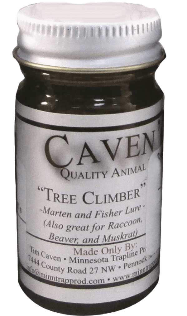 A small jar of Caven's "Tree Climber" lure for Marten, Fisher, Raccoon, Beaver, and Muskrat.