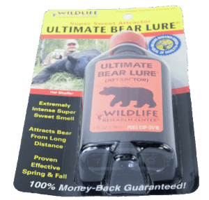 Showcasing the Wildlife Research Ultimate Bear Lure packaging with key details and enticing promos.
