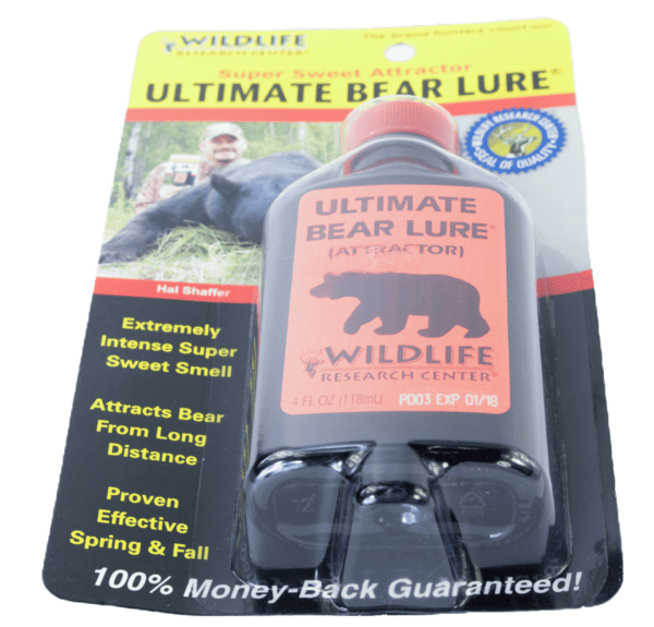 Showcasing the Wildlife Research Ultimate Bear Lure packaging with key details and enticing promos.