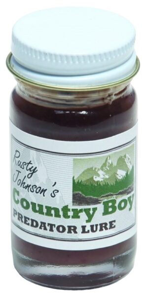 Rusty Johnson's Country Boy Lure is in a small glass jar with a white lid, featuring a mountain landscape graphic.