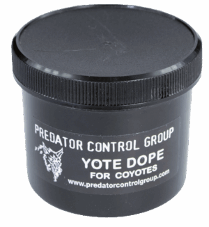 Black container of PCG Yote Dope, a trapping lure with a bold coyote head logo from Predator Control Group.