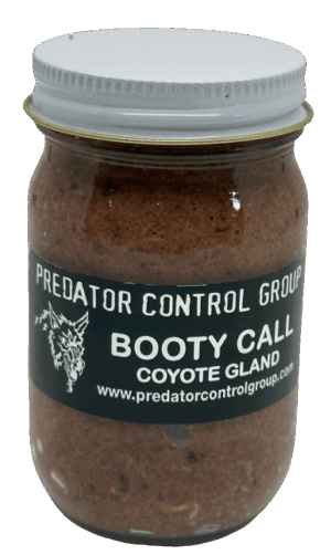 PCG Coyote Gland Booty Call jar trapping lure, brown mix, metal lid.