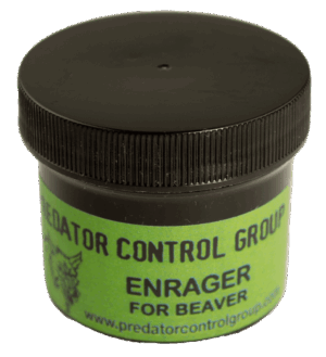 Black PCG Enrager Lure container for beaver, on green background.