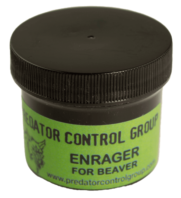 Black PCG Enrager Lure container for beaver, on green background.