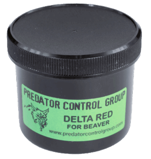 Black container labeled "PCG Delta Red Lure" with a wolf logo; ideal for effective beaver trapping.