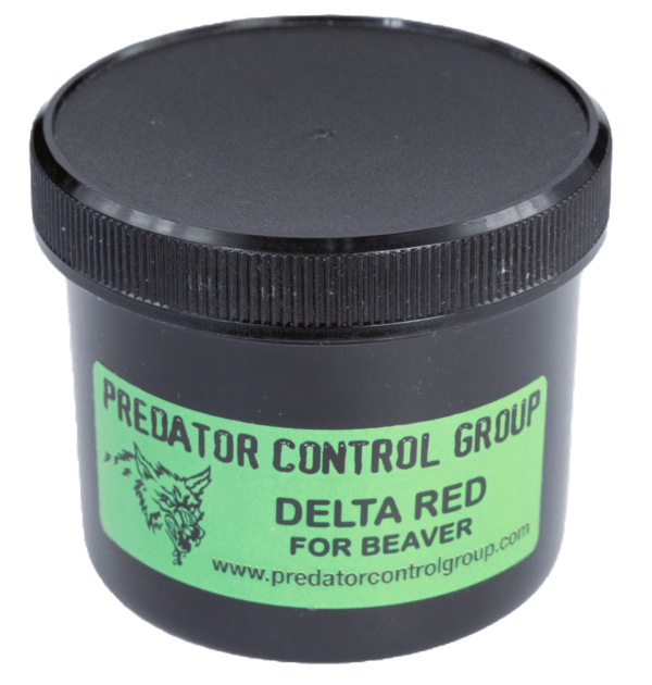 Black container labeled "PCG Delta Red Lure" with a wolf logo; ideal for effective beaver trapping.