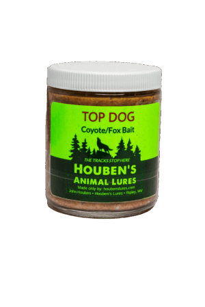 Houben's Top Dog Bait jar, green label, white lid—ideal M44 lure for coyotes/foxes.