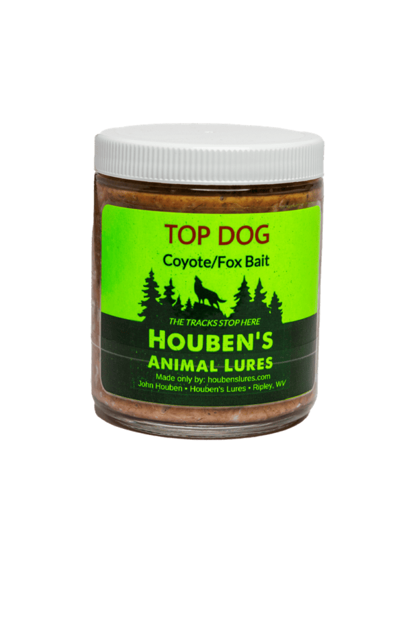 Houben's Top Dog Bait jar, green label, white lid—ideal M44 lure for coyotes/foxes.