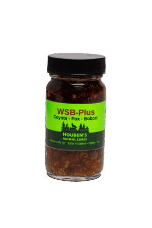 Jar of Houben's WSB Plus Call Lure for coyotes, foxes, bobcats; with black lid and green label.