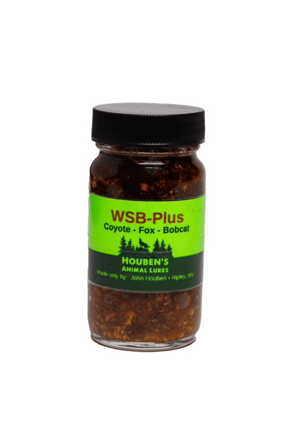 Jar of Houben's WSB Plus Call Lure for coyotes, foxes, bobcats; with black lid and green label.