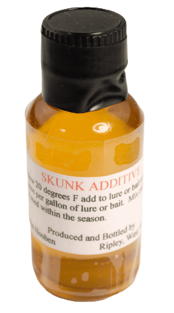 Clear bottle with yellow liquid labeled "Houben's Skunk Additive," includes skunk essence and instructions.