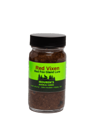A jar of Houben's Red Vixen Red Fox Gland Lure with black lid and green label, perfect for trapping.