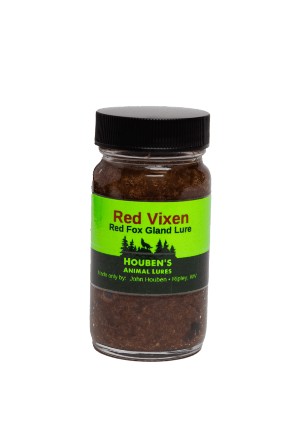 A jar of Houben's Red Vixen Red Fox Gland Lure with black lid and green label, perfect for trapping.