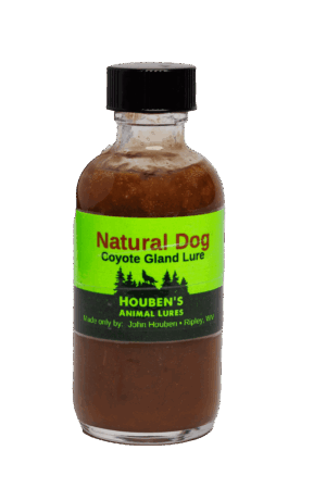 A small "Houben's Natural Dog Coyote Gland Lure" bottle with a black cap and green, forest-themed label.