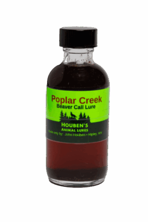 A small glass bottle labeled "Houben's Poplar Creek Beaver Call Lure," with dark liquid, ideal for trapping.