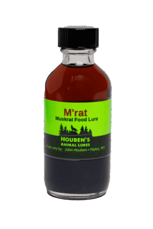 A 2oz glass bottle labeled "Houben's M'Rat Muskrat Food Lure" with dark liquid inside.