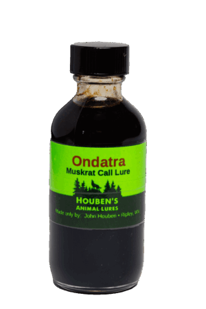 A 2 oz glass bottle labeled "Houben's Ondatra Muskrat Lure" with green and black design, featuring a black cap.