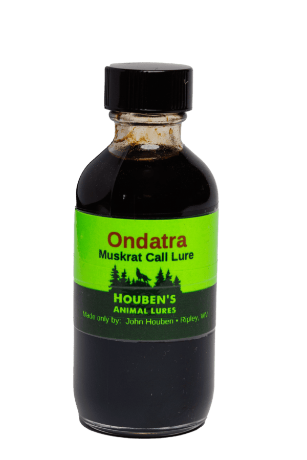 A 2 oz glass bottle labeled "Houben's Ondatra Muskrat Lure" with green and black design, featuring a black cap.