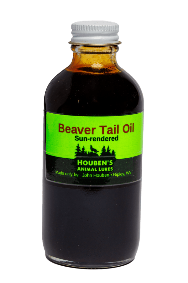 A bottle of Houben's Beaver Tail Oil labeled as an animal lure, from Ripley, WV.