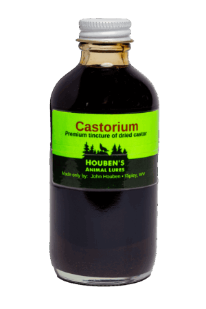 A "Houben's Castorium" bottle with a green label and silver cap: Premium tincture of dried castor.