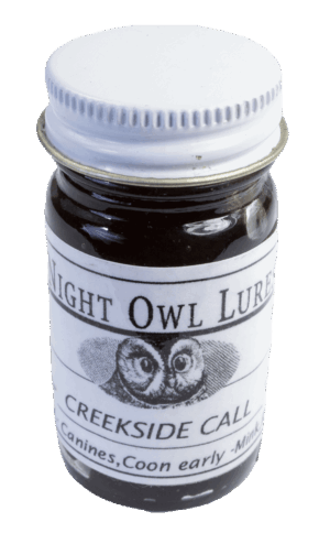 The "Night Owl Creekside Call Lure" in a small jar is ideal for attracting canines and minks, with an owl image label.