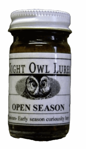 Jar labeled "Night Owl Open Season Lure" featuring an image of two owl eyes.