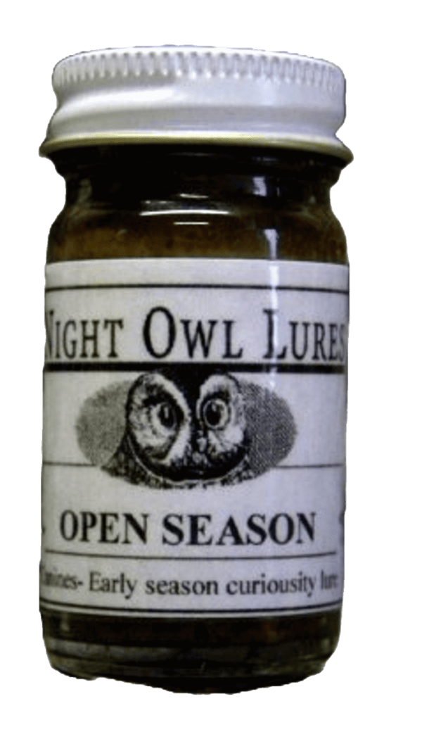 Jar labeled "Night Owl Open Season Lure" featuring an image of two owl eyes.
