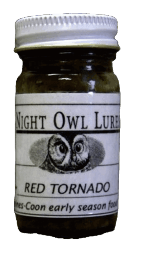 Jar labeled "Night Owl Red Tornado Lure" with an owl illustration, containing early season raccoon food lure.