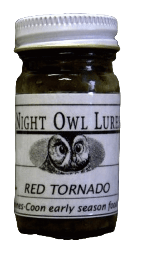 Jar labeled "Night Owl Red Tornado Lure" with an owl illustration, containing early season raccoon food lure.