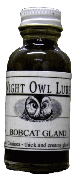 A small bottle labeled "Night Owl Lures Bobcat Gland" features an owl and contains a thick, creamy liquid.