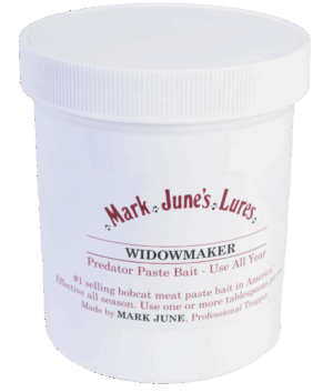 Container of Mark June's Widowmaker Paste Bait, a top-selling bobcat trapping bait in America.
