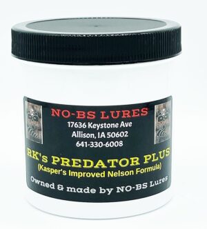 White container of RK's Predator Plus Bait Bobcat Base by NO-BS Lures with Bill Nelson bait info, address, and contact.