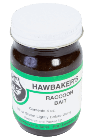Hawbaker's Raccoon Bait, 4 oz jar with white lid, from Hawbaker & Sons, Fort Loudon, PA—ideal for trapping.