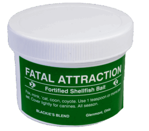 Green "Fatal Attraction" shellfish bait container from Blackie's for trapping various animals; Glenmont, Ohio.