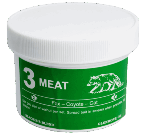 White plastic container labeled "Blackie's 3 Meat Bait," with fox illustration—perfect for baiting and includes usage instructions.