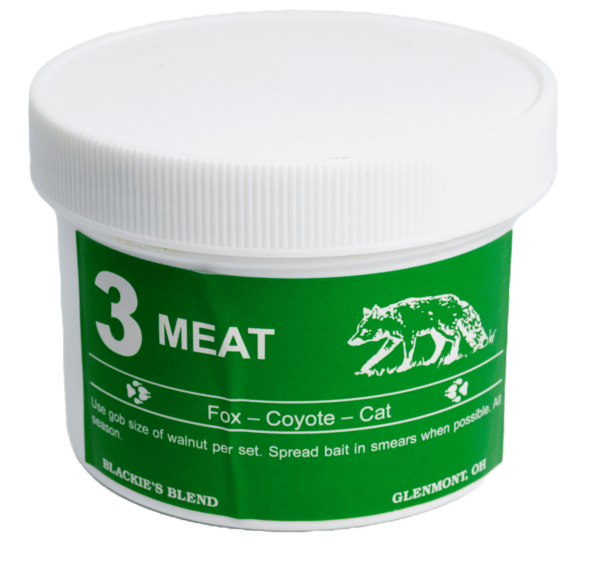 White plastic container labeled "Blackie's 3 Meat Bait," with fox illustration—perfect for baiting and includes usage instructions.