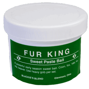 Ohio-made Blackie's Fur King Bait for raccoons, foxes, rodents & beavers with a green label.