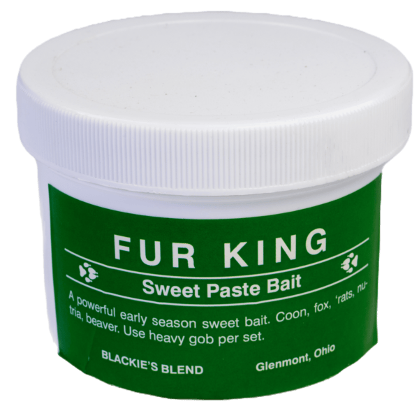 Ohio-made Blackie's Fur King Bait for raccoons, foxes, rodents & beavers with a green label.
