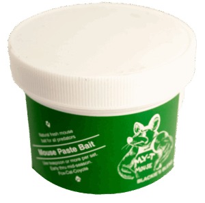 A green Blackie's My-T-Mouse Bait tub with a muscular mouse graphic for natural ground mice control.