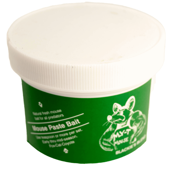 A green Blackie's My-T-Mouse Bait tub with a muscular mouse graphic for natural ground mice control.