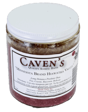Caven's Hiawatha Valley Bait, a jar of ideal predator trapping bait for foxes and coyotes, perfect for long-distance use.