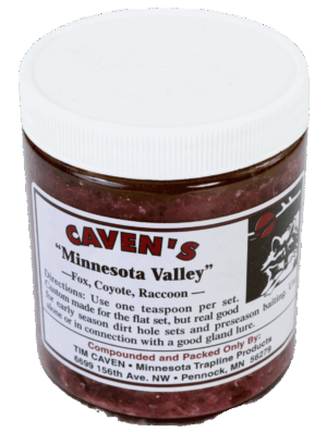 Caven's Minnesota Valley Bait jar for trapping foxes, raccoons, and more; includes usage directions on front.