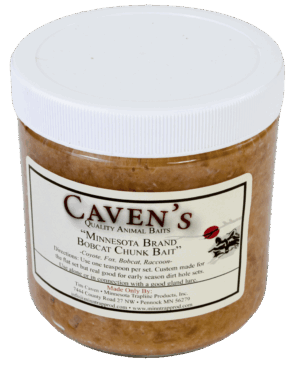 Jar labeled "Caven's Minnesota Brand Bobcat Chunk Bait" with trapping bait instructions.