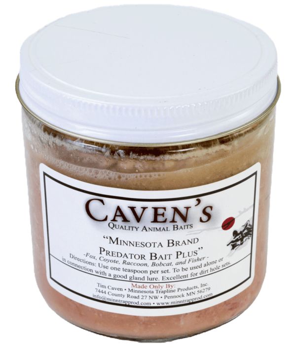Clear jar labeled "Caven's Minnesota Brand Predator Plus Bait" showing brown trapping bait inside.
