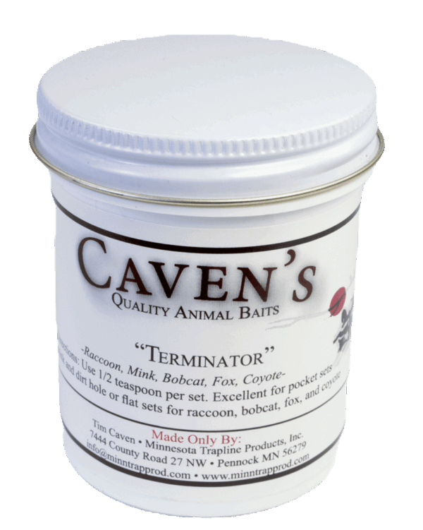Caven's Terminator Bait jar for raccoon, mink, and fox trapping; includes a white lid with manufacturer's details.