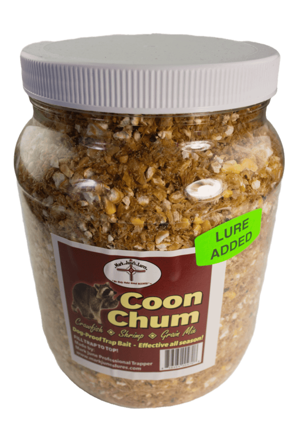 A plastic jar labeled "Mark June's Coon Chum" contains brown crumbly coon bait with a "Lure Added" sticker.