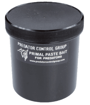 Black screw-top container labeled "PCG Primal Paste Bait," perfect for trapping predators.