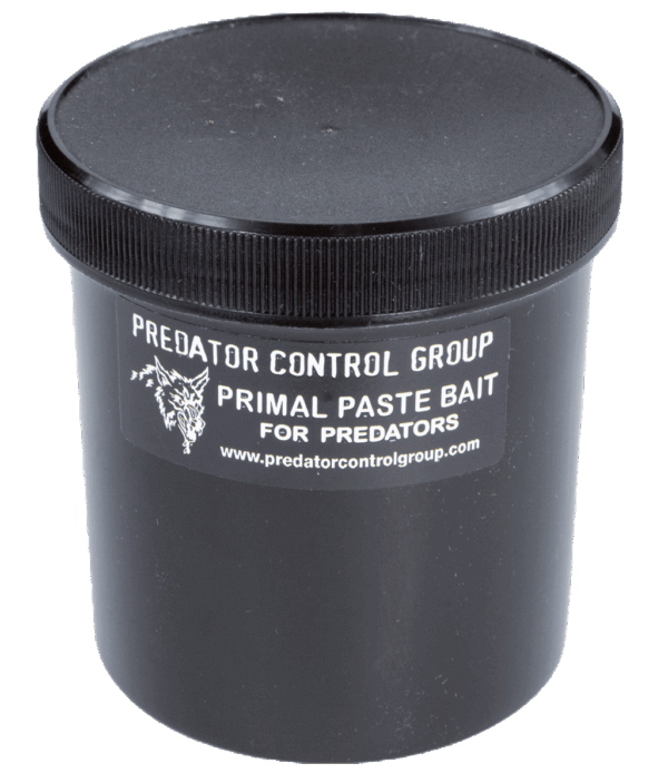 Black screw-top container labeled "PCG Primal Paste Bait," perfect for trapping predators.