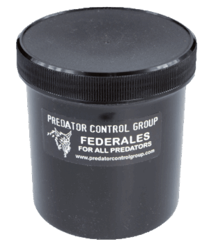 Black plastic container, PCG Federales Bait, has a screw-on lid; ideal for all predator bait trapping needs.