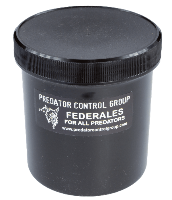 Black plastic container, PCG Federales Bait, has a screw-on lid; ideal for all predator bait trapping needs.